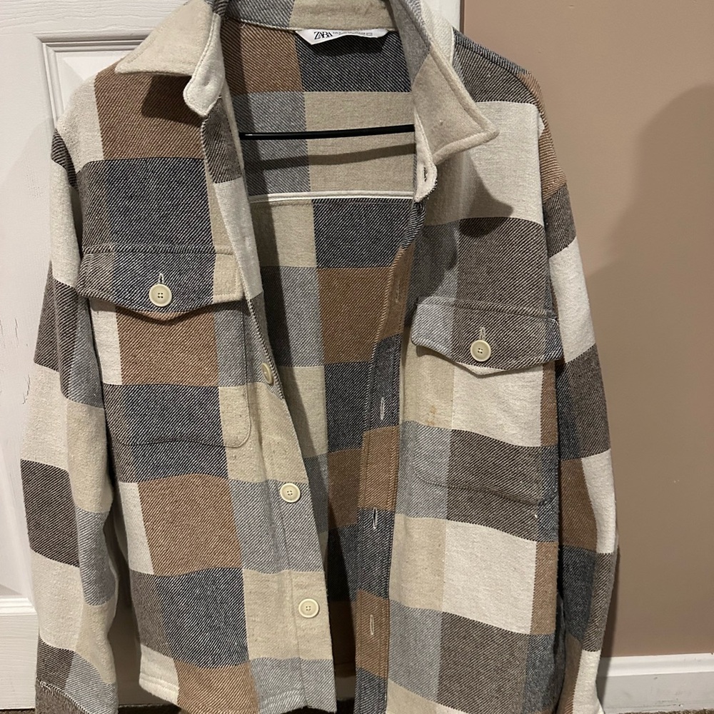 Zara Men's Plaid Shirt Jacket - Brown, Gray, Cream